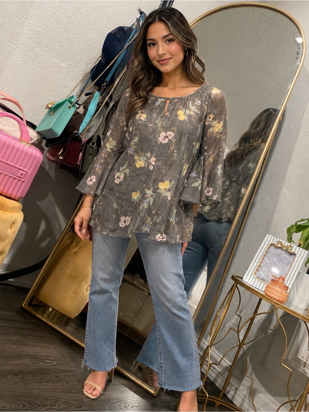 LC Lauren Conrad Charcoal Gray Floral Peasant Blouse